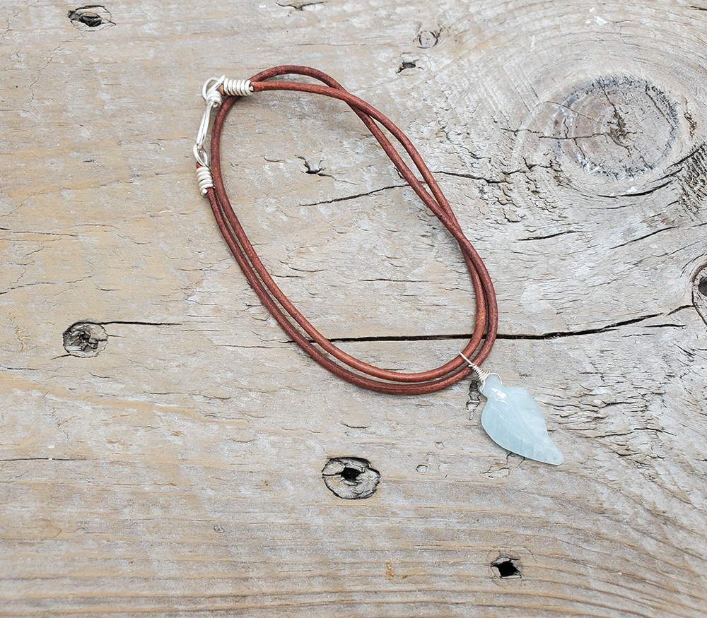 Aquamarine Leaf Pendant on leather cord